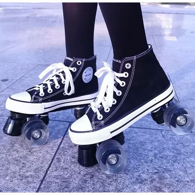 Black White Adult Canvas Roller Skates Double Row Women 4-wheels Flash Outdoor Casual Skating Shoes Patins Europe Size 35-44