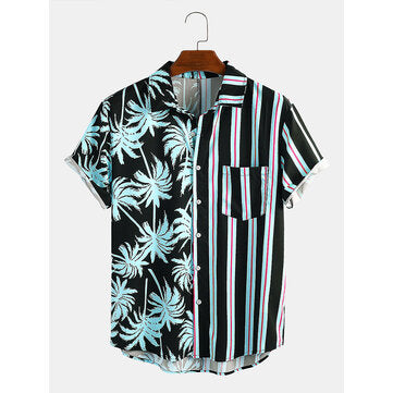 Men Coconut Tree Colorful Stripe Mixed Print Short Sleeve Casual Holiday Shirts
