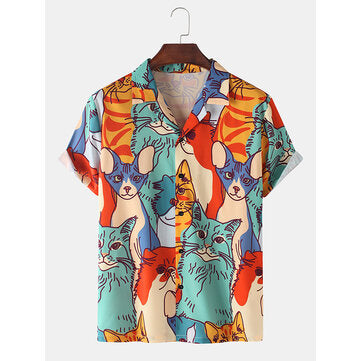 Mens Cartoon Cat Print Revere Collar Short Sleeve Casual Shirts