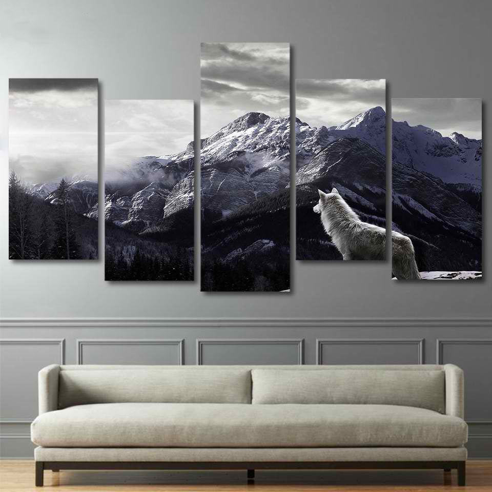 HD Prints Canvas Wall Art Living Room Home Decor Pictures 5 Pieces Snow Mountain Plateau Wolf Paintings Animal Posters Framework