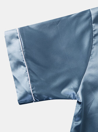 Men Two Piece Faux Silk Pajamas Set  Plain Home Lapel Collar Satin Sleepwear Tops