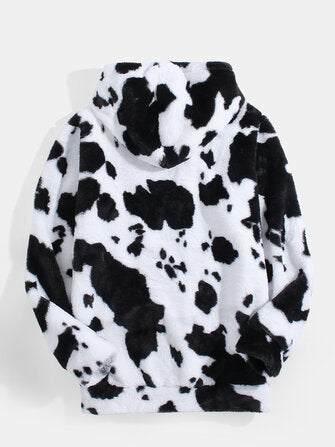 Mens Cows Print Fluffy Long Sleeve Plush Hoodie With Kangaroo Pocket