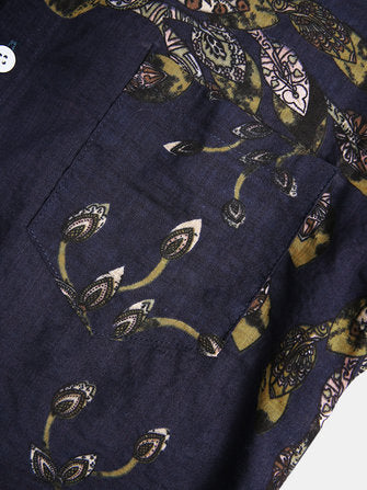 Cotton Peacock Feather Floral Print Casual Short Sleeve Shirts