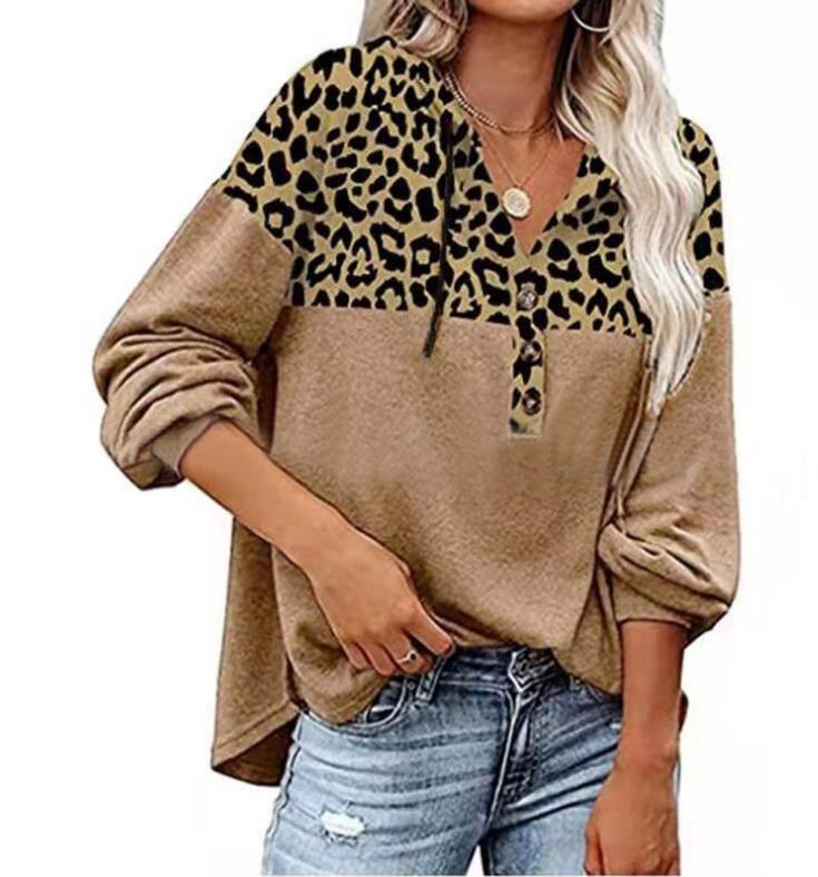 Women's Autumn Winter Leopard Print Patchwork Loose Casual Long Sleeve Hoodie