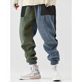 Mens Patchwork Corduroy Drawstring Casual Jogger Pants With Pocket