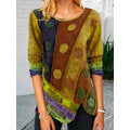 Women Ethnic Print Asymmetrical Hem O-Neck Corduroy Plus Size Blouse