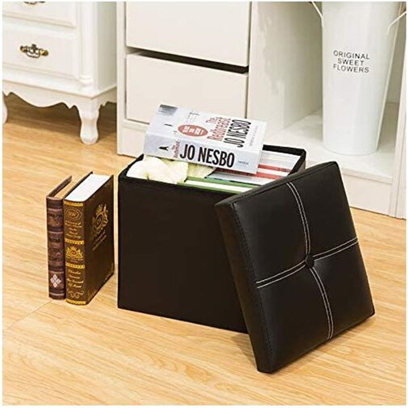 Non-slip Foldable Ottoman Storage Stool Leather Footstool Storage Box