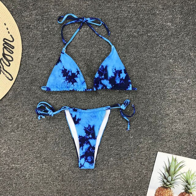 Sexy rendering print bikini set 2020 string bandage swimsuit women swimwear two-pieces bikinis mujer thong halter bathing suit