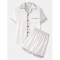 Men Two Piece Faux Silk Pajamas Set  Plain Home Lapel Collar Satin Sleepwear Tops
