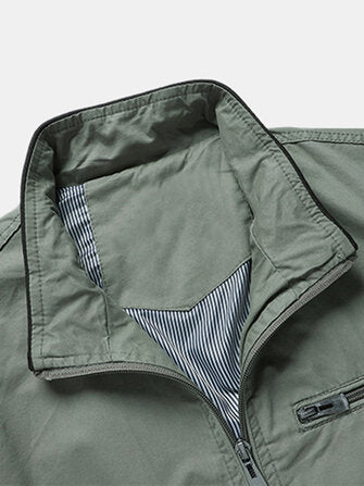 Mens Cotton Stand Collar Multi Pocket Zipper Long Sleeve Simple Jacket