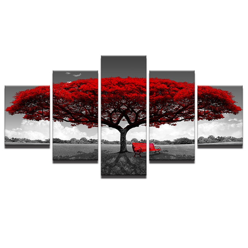Modular Canvas HD Prints Posters Home Decor Wall Art Pictures 5 Pieces Red Tree Art Scenery Landscape Paintings Framework PENGDA