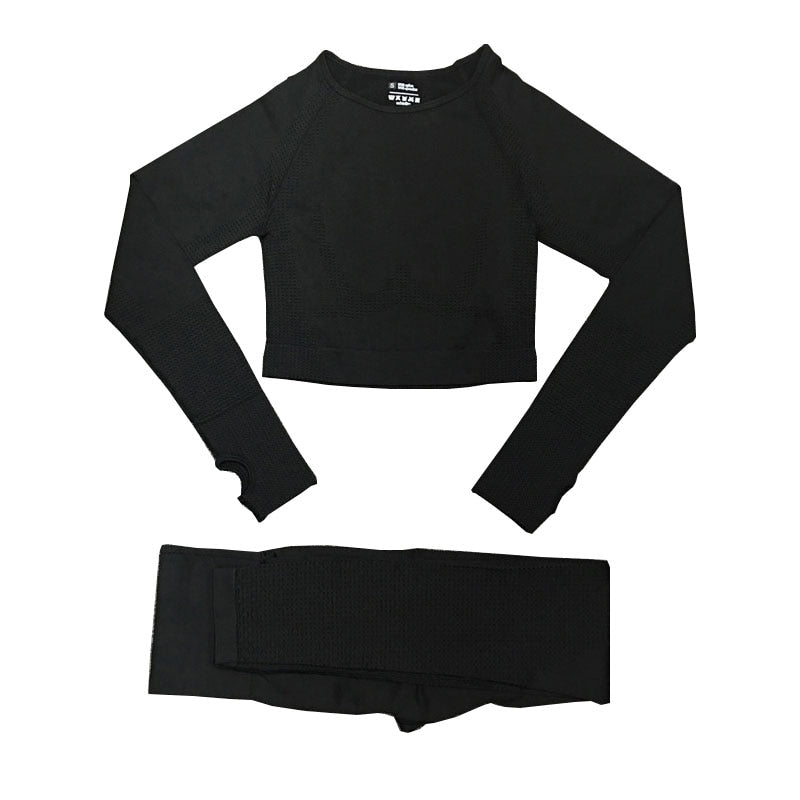 Women Sportswear Yoga Set Gym Clothing Tracksuit Long Sleeve Crop Top High Waist Seamless Leggings for Fitness Sports Short Suit