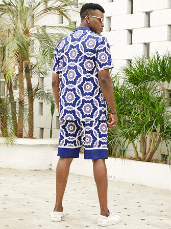 Mens Blue Baroque Print Revere Collar Short Sleeve Shirt & Shorts Co-ords Two Piece Outfits
