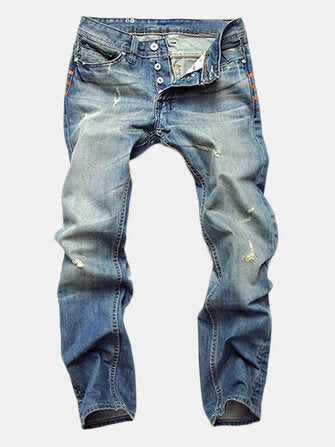 Ripped Fold Stitching Straight Washed Jeans