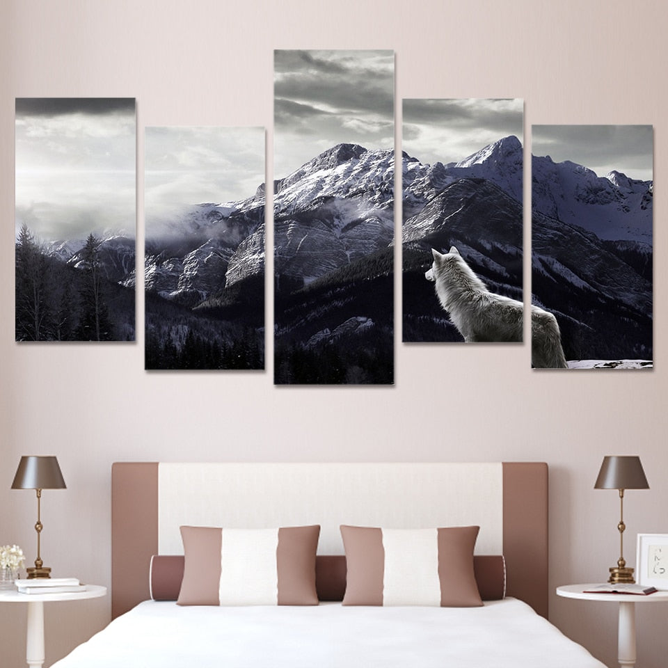 HD Prints Canvas Wall Art Living Room Home Decor Pictures 5 Pieces Snow Mountain Plateau Wolf Paintings Animal Posters Framework