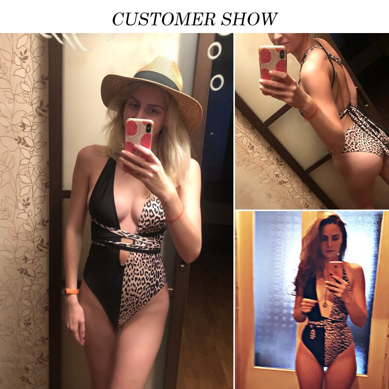 Peachtan Leopard print one piece swimsuit female Deep v-neck bikini 2020 Bandage bathing suit monokini swimwear women bathers