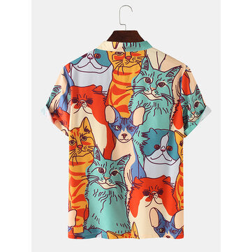 Mens Cartoon Cat Print Revere Collar Short Sleeve Casual Shirts