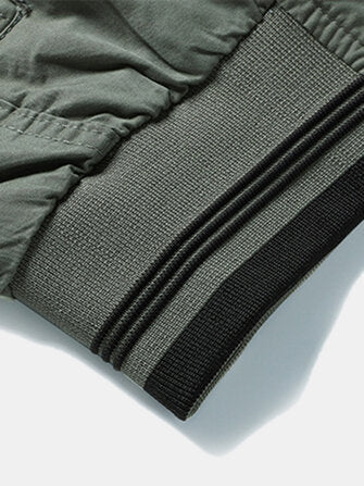 Mens Cotton Stand Collar Multi Pocket Zipper Long Sleeve Simple Jacket