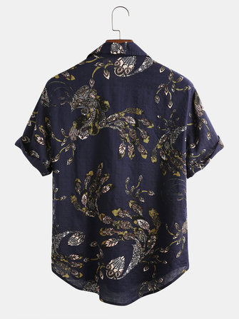 Cotton Peacock Feather Floral Print Casual Short Sleeve Shirts