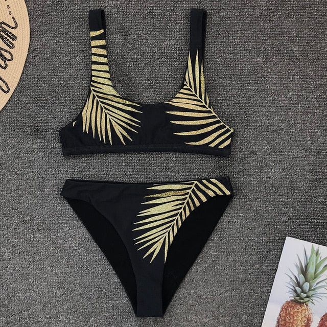 High Waist Bikini 2020 Swimsuit Women Sexy Print Bikinis Black Biquini Leaf Print Bikini Brazilian Micro Swimwear Women