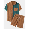 Mens Corduroy Patchwork Short Sleeve Casual Holiday Loungewear Two-Piece Outfits