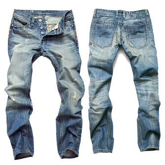 Ripped Fold Stitching Straight Washed Jeans