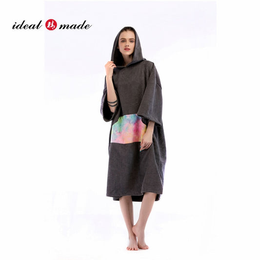 Solid color toweling drying robe poncho towel beach swimming cloak towel for adult 110x75cm with tie dye pocket