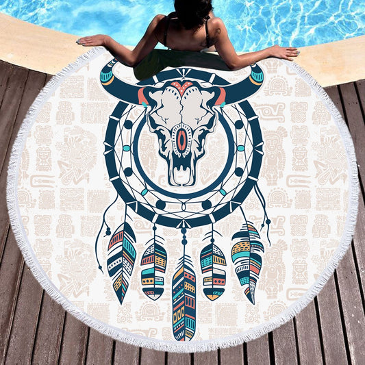 Sheep skull Boho Gypsy Round Beach Bathing  Blanket Towel Cover Up Beach Wear