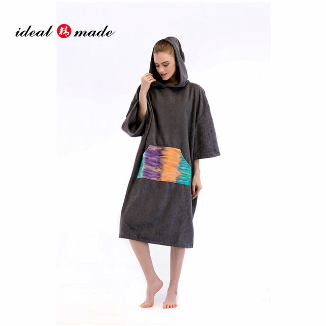 Solid color toweling drying robe poncho towel beach swimming cloak towel for adult 110x75cm with tie dye pocket