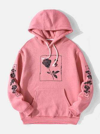 Mens Graphic Rose Print Relaxed Fit Drawstring Hoodies