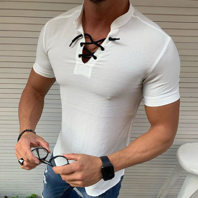 T Shirt Mens Short Sleeve Shirts Summer Men Clothing Streetwear Casual Slim Fit T-shirts Lace Up Neck Stand Collar Tshirts