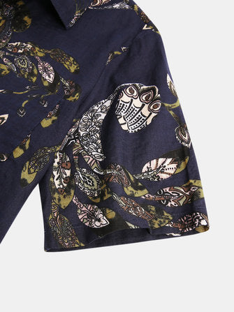 Cotton Peacock Feather Floral Print Casual Short Sleeve Shirts