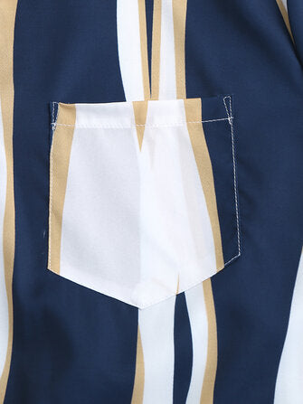 Mens Fashion Plain Color Striola Chest Pocket Short Sleeve Casual Shirts