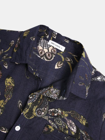 Cotton Peacock Feather Floral Print Casual Short Sleeve Shirts