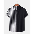 Mens Stripes Patchwork Design Splicing Breathable Turn Down Collar Shirts