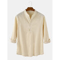 Mens Solid Color Cotton Linen Casual Long Sleeve Split Hem Henley Shirts