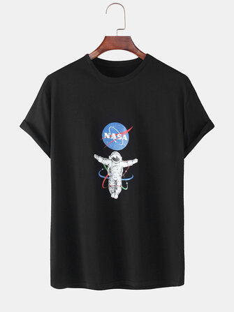 Astronaut Print Round Neck Short Sleeve Cotton T-Shirt
