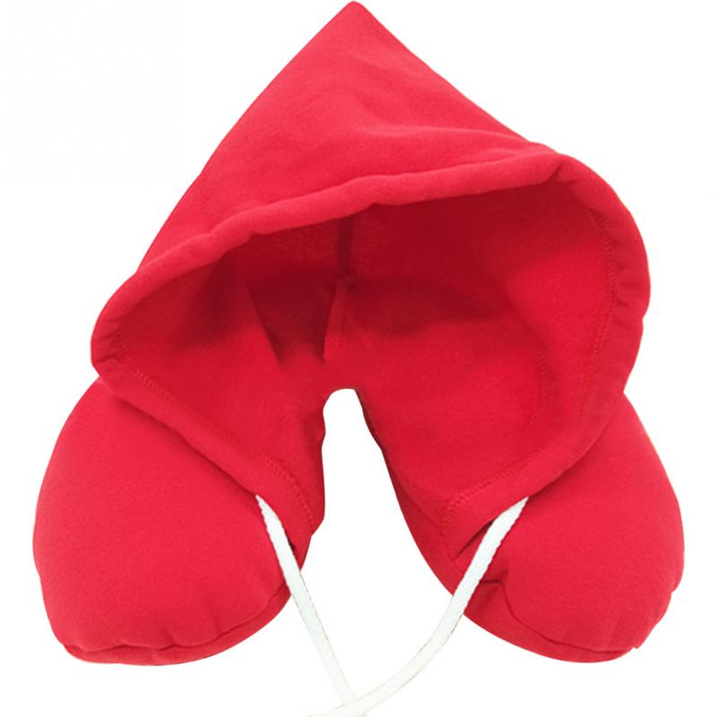 Adults Portable Solid U shaped Pillow Drawstring Microbeads soft Hooded Neck pillow for Trave