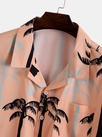 Mens Tropical Coconut Tree Print Revere Collar Holiday Two Pieces Outfits