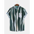 Mens Fashion Plain Color Striola Chest Pocket Short Sleeve Casual Shirts