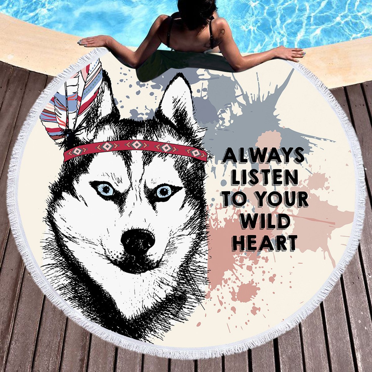 Wolf Head Boho Gypsy Round Beach Bathing  Blanket Towel Cover Up Beach Wear