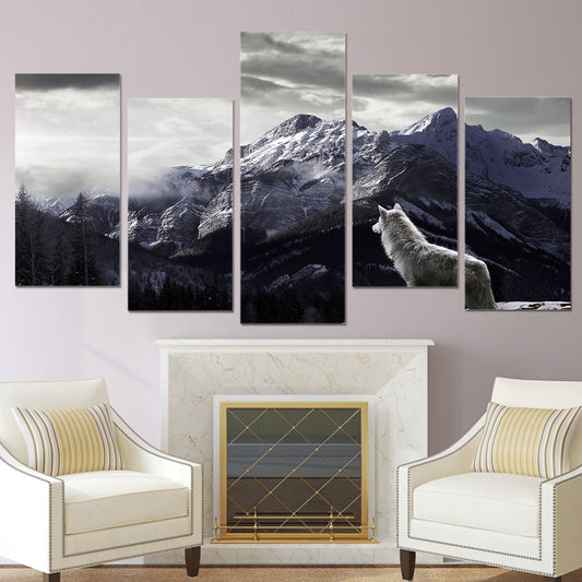 HD Prints Canvas Wall Art Living Room Home Decor Pictures 5 Pieces Snow Mountain Plateau Wolf Paintings Animal Posters Framework