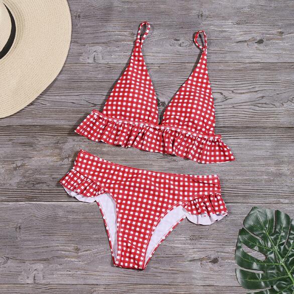 Bikinis Set Plaid High Waist Ruffle Women's Swimsuit Sexy Two Piece Bathing Suits