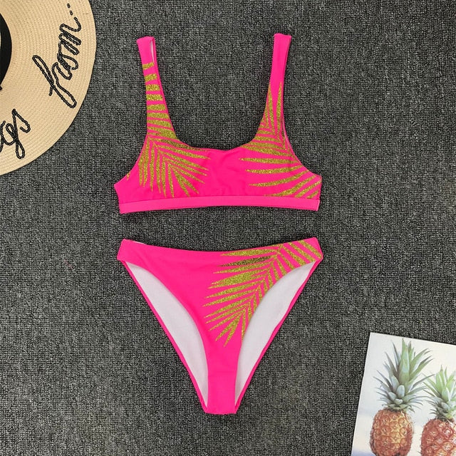 High Waist Bikini 2020 Swimsuit Women Sexy Print Bikinis Black Biquini Leaf Print Bikini Brazilian Micro Swimwear Women