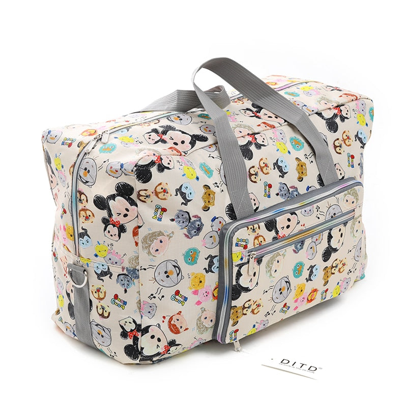 Foldable Travel Bag Women Large Capacity Portable Shoulder Duffle Bag Cartoon Printing Waterproof Weekend Luggage Tote