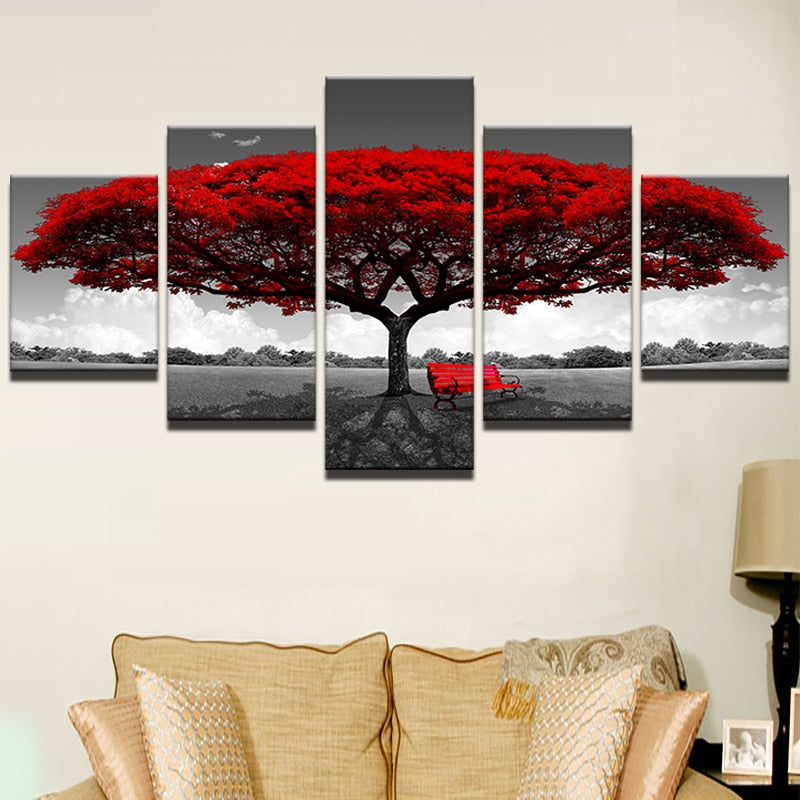 Modular Canvas HD Prints Posters Home Decor Wall Art Pictures 5 Pieces Red Tree Art Scenery Landscape Paintings Framework PENGDA