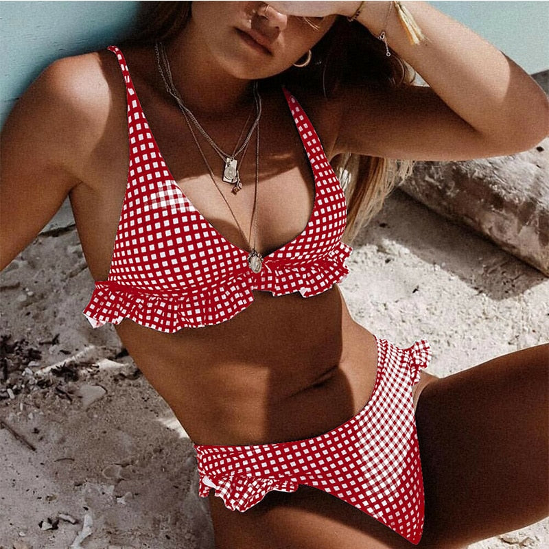 Bikinis Set Plaid High Waist Ruffle Women's Swimsuit Sexy Two Piece Bathing Suits