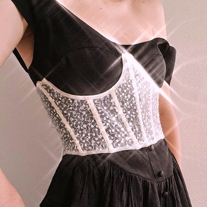 Spring Fashion Lace Up Slim Corset Women Sexy Crystal Sequins Mesh Lace Clothing Lady Streetwear Bodycon Top