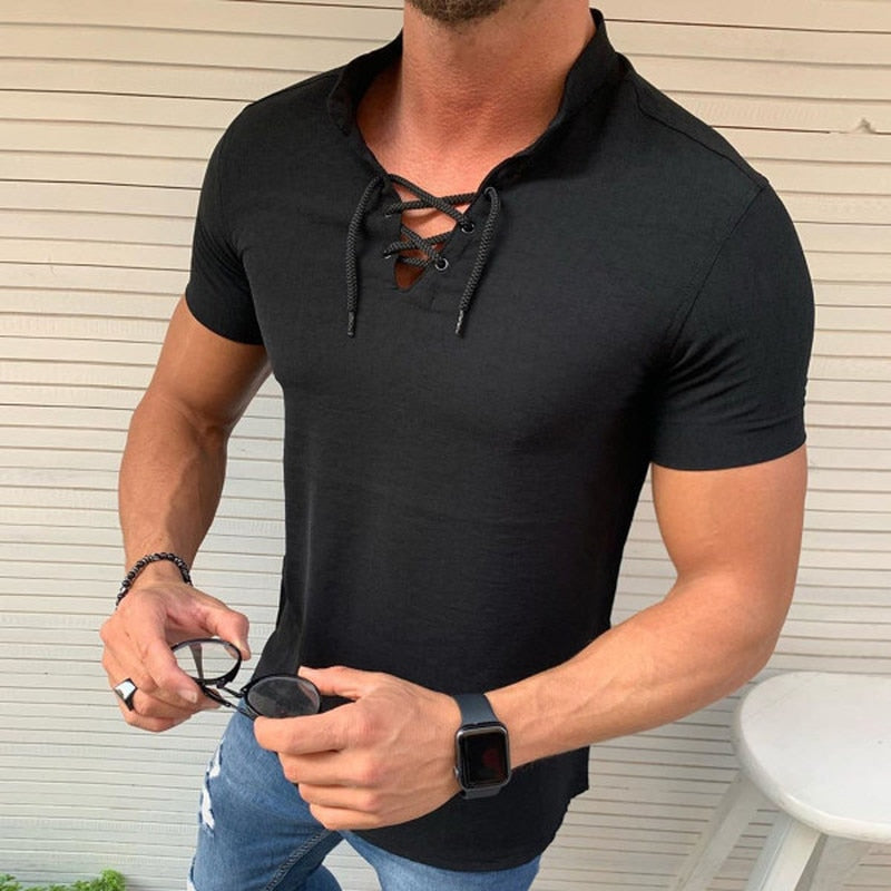 T Shirt Mens Short Sleeve Shirts Summer Men Clothing Streetwear Casual Slim Fit T-shirts Lace Up Neck Stand Collar Tshirts