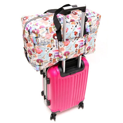 Foldable Travel Bag Women Large Capacity Portable Shoulder Duffle Bag Cartoon Printing Waterproof Weekend Luggage Tote